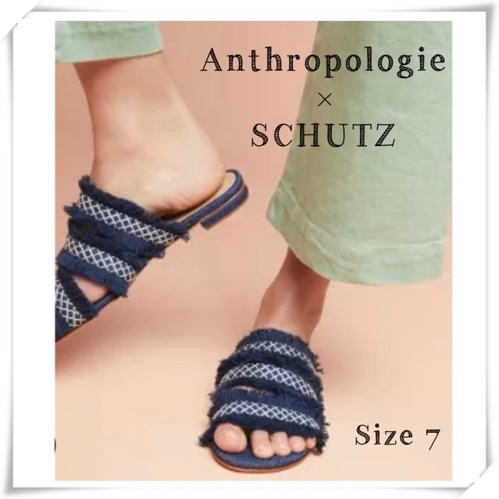 ANTHROPOLOGIE Schutz Jacque Fringe Strap Denim Flat Sandal in Indigo Blue Size 7